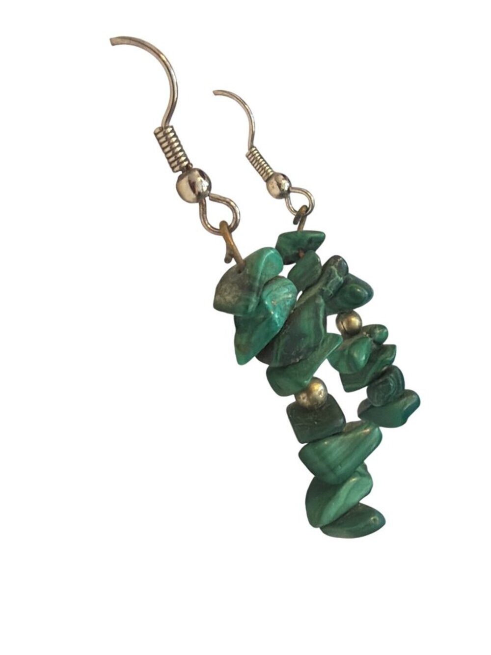 Malachite Chip Beaded Dangle Earrings Silver Tone Hooks 2" Long Natural - Picture 3 of 5